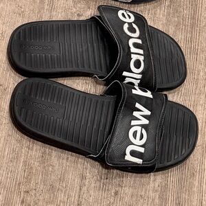 New Balance Black Slides with white logo slippers